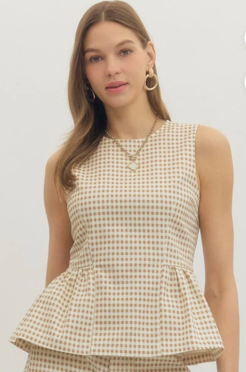 Beige gingham peplum top