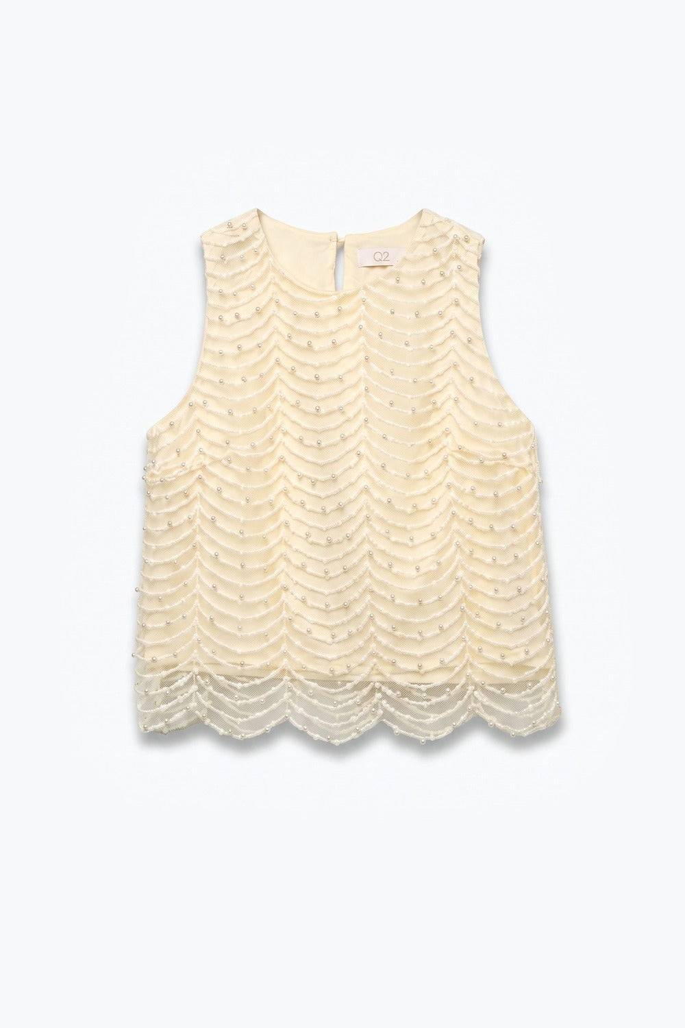 Cream Embellished Beaded Scallop Hem Sleeveless Blouse Top