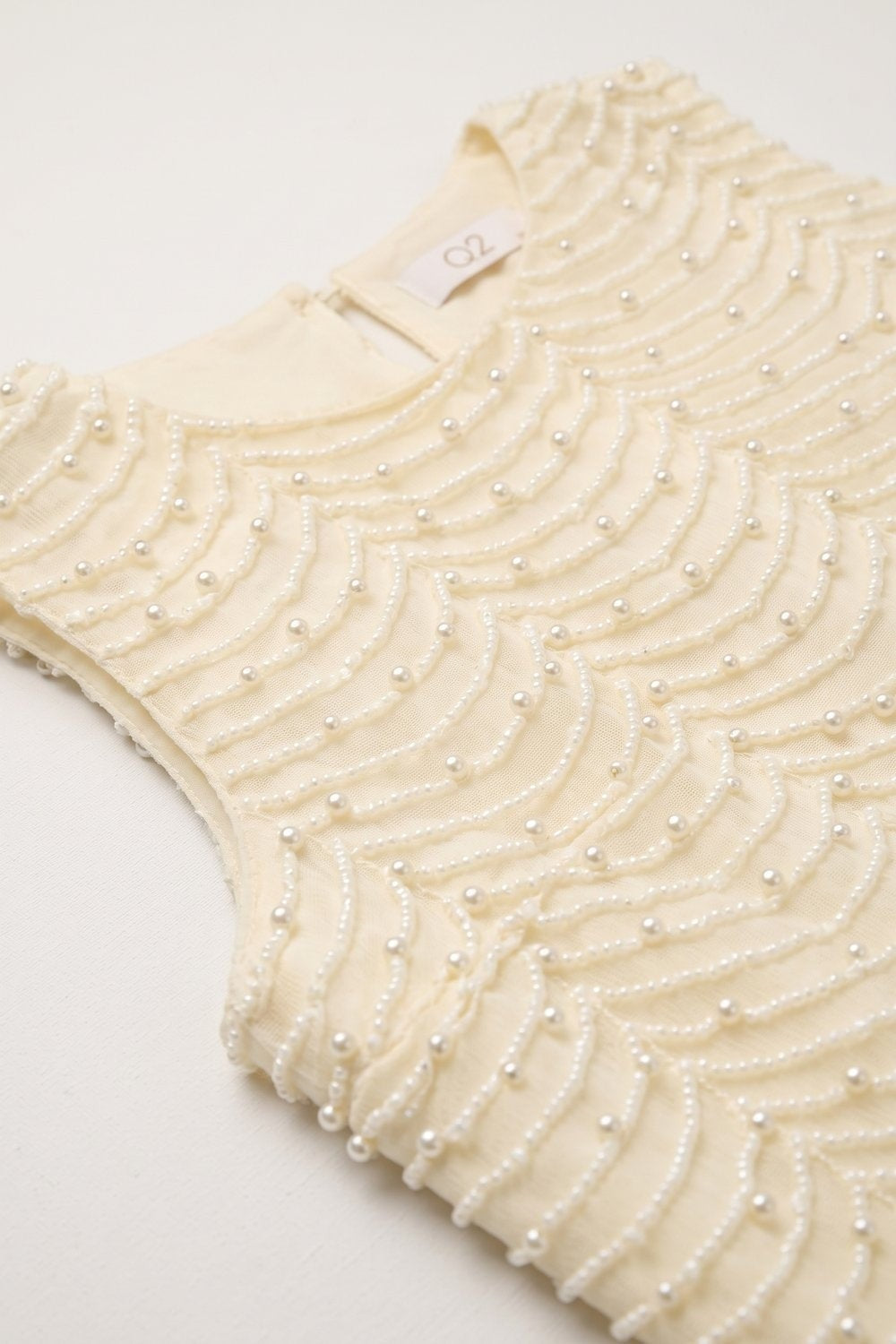 Cream Embellished Beaded Scallop Hem Sleeveless Blouse Top