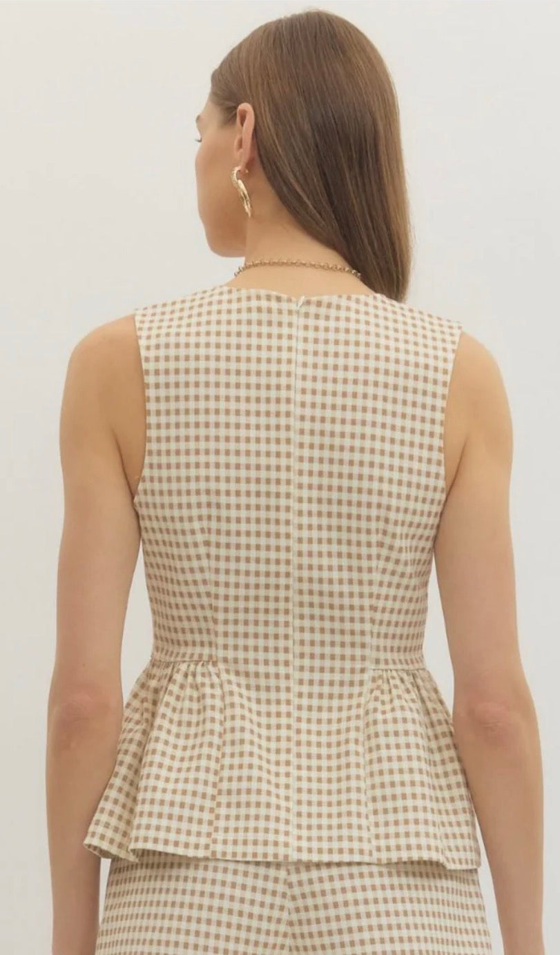 Beige gingham peplum top