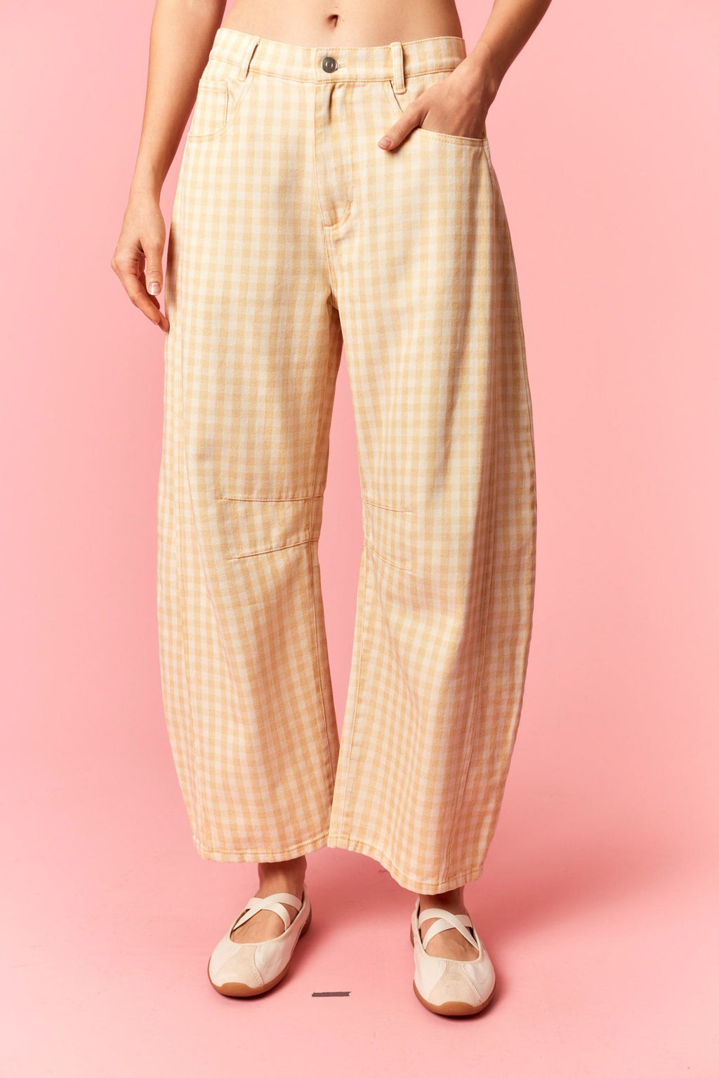 Dark Yellow Gingham Barrel Pants