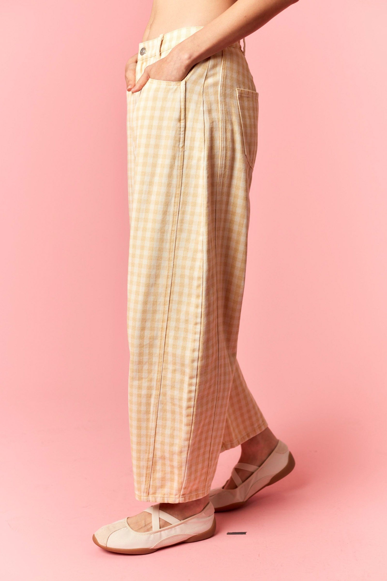 Dark Yellow Gingham Barrel Pants