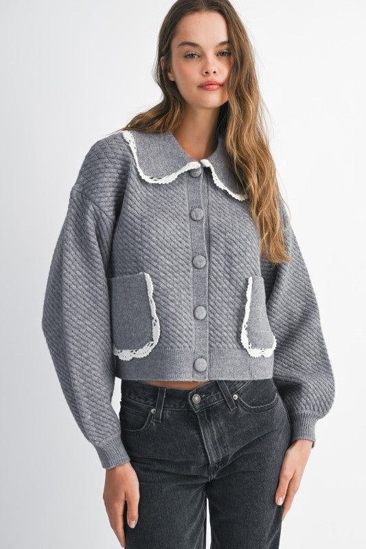 Lace Trim Detail Collar Quilted Knit Cardigan