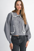 Lace Trim Detail Collar Quilted Knit Cardigan