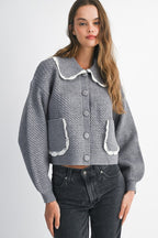 Lace Trim Detail Collar Quilted Knit Cardigan