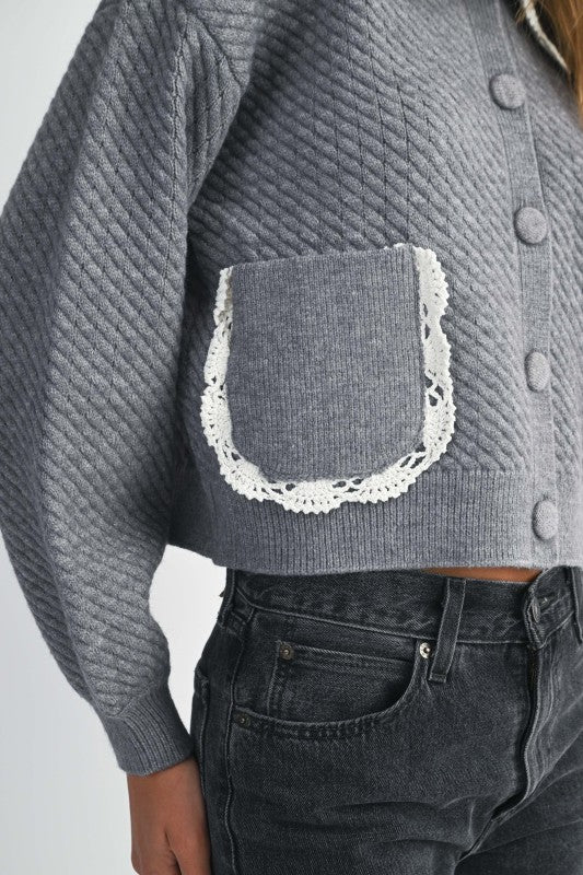 Lace Trim Detail Collar Quilted Knit Cardigan