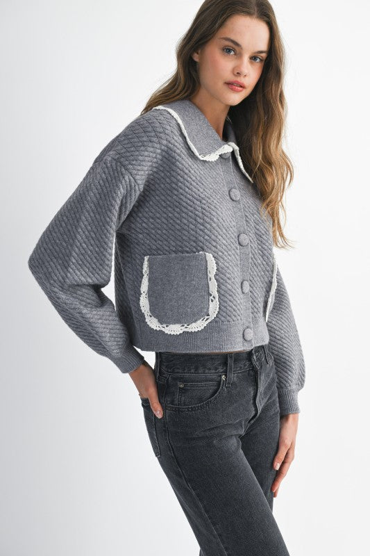 Lace Trim Detail Collar Quilted Knit Cardigan