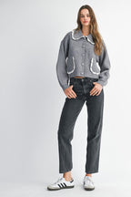 Lace Trim Detail Collar Quilted Knit Cardigan