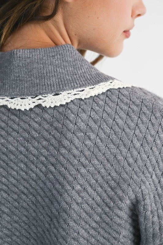 Lace Trim Detail Collar Quilted Knit Cardigan