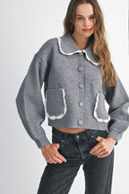 Lace Trim Detail Collar Quilted Knit Cardigan