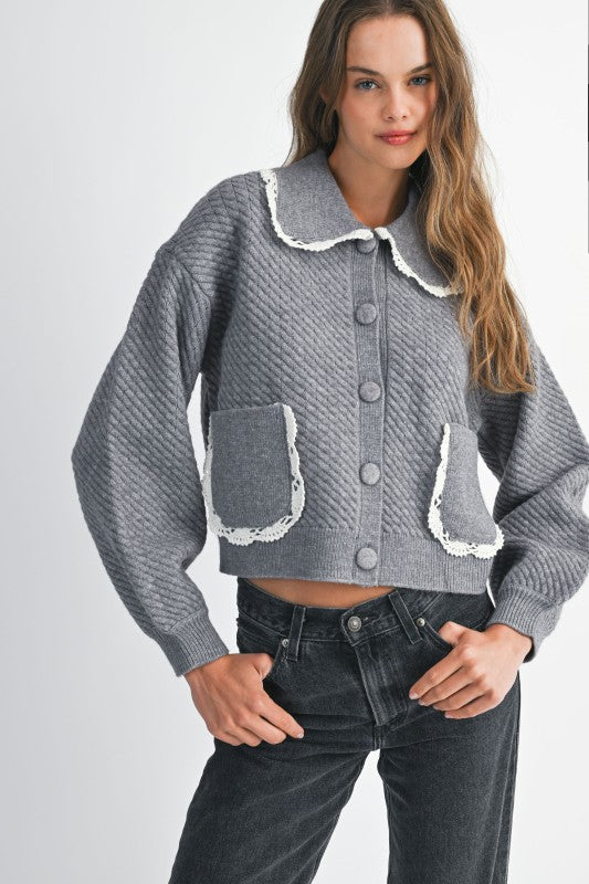 Lace Trim Detail Collar Quilted Knit Cardigan