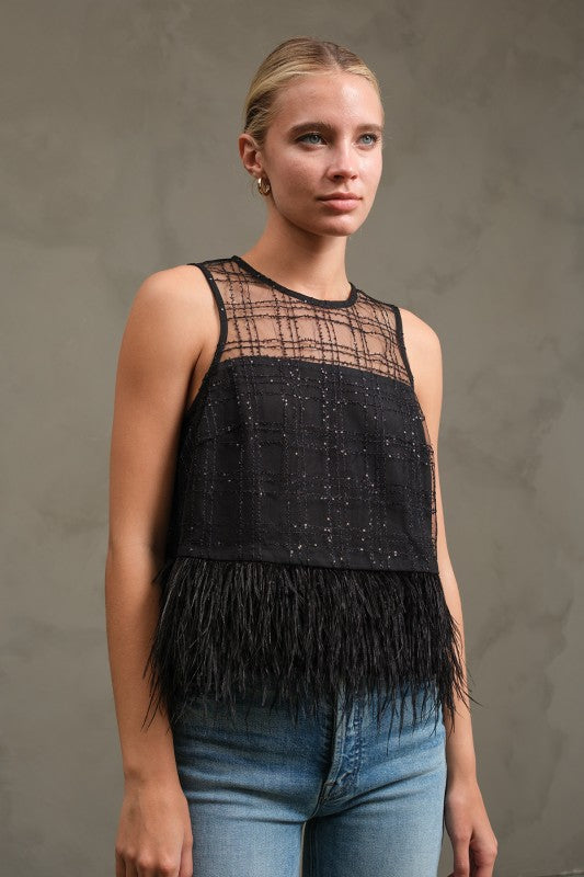 Feathered and Sparkle Grid Top