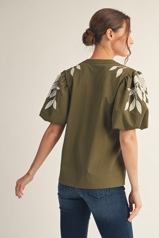 Olive Bloom Embroidered Top