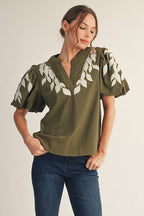 Olive Bloom Embroidered Top