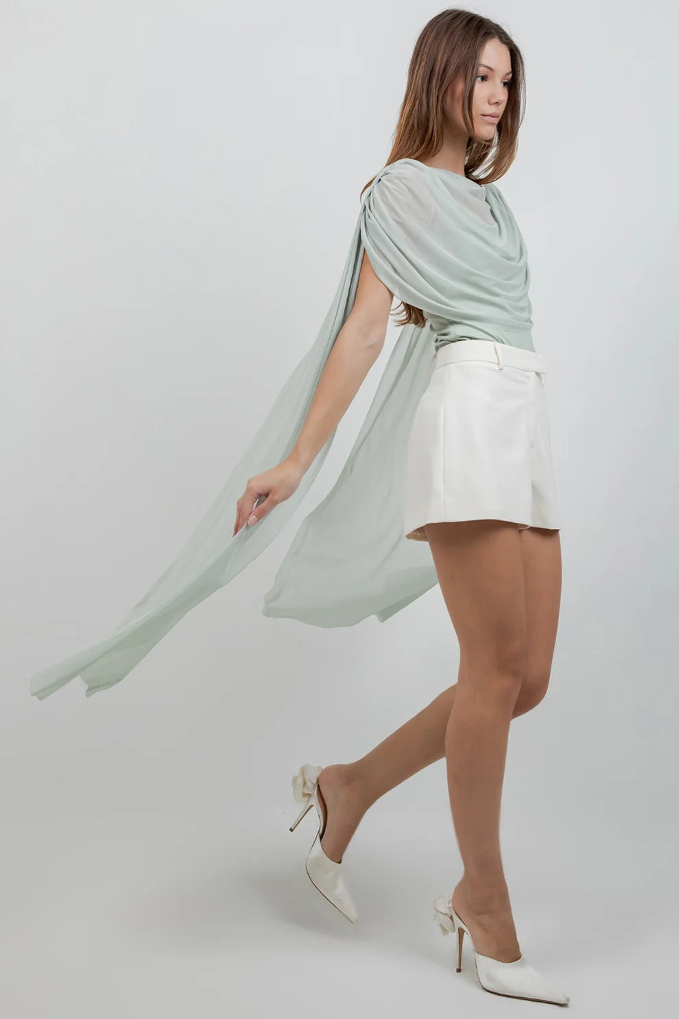 Knitted Bodysuit with Contrast Mesh Drape Cape